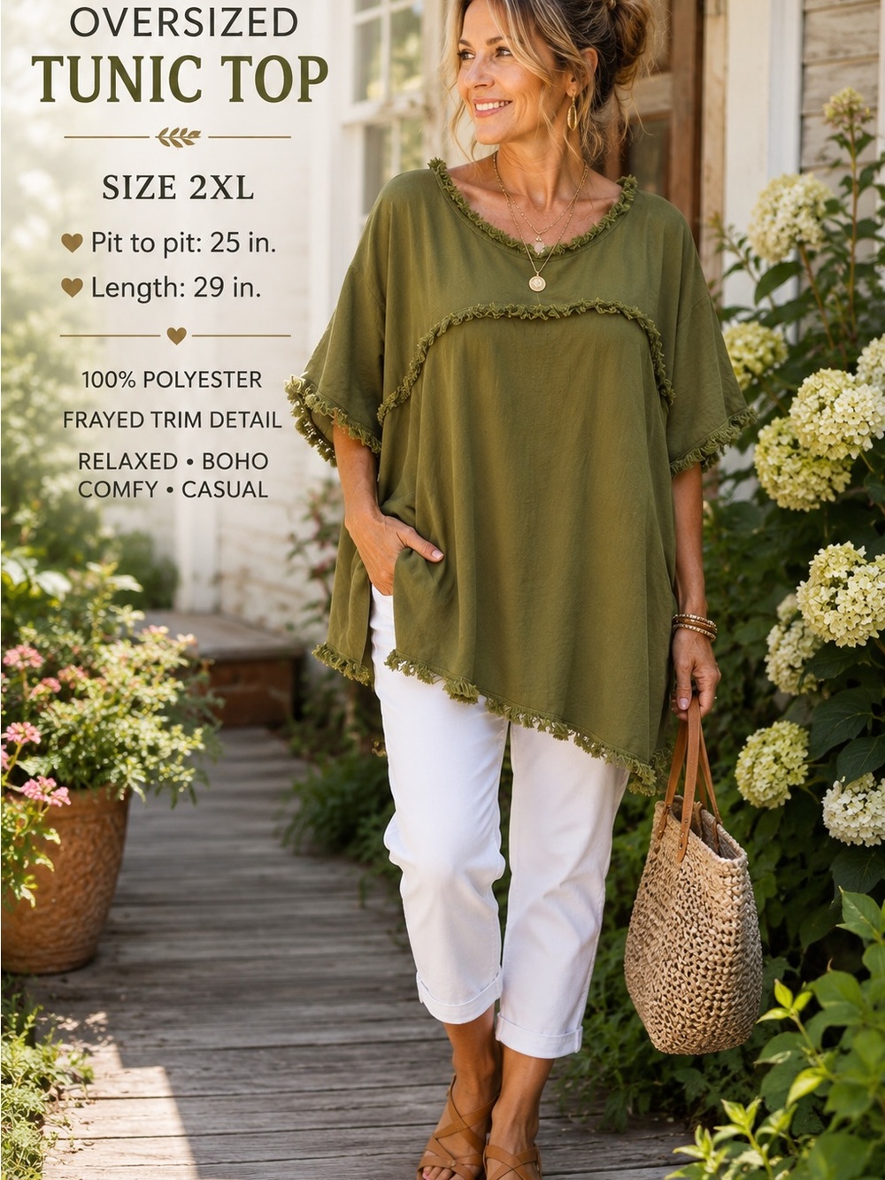 Olive Frayed Trim Oversized Tunic Top | Boho Lagenlook | 2X